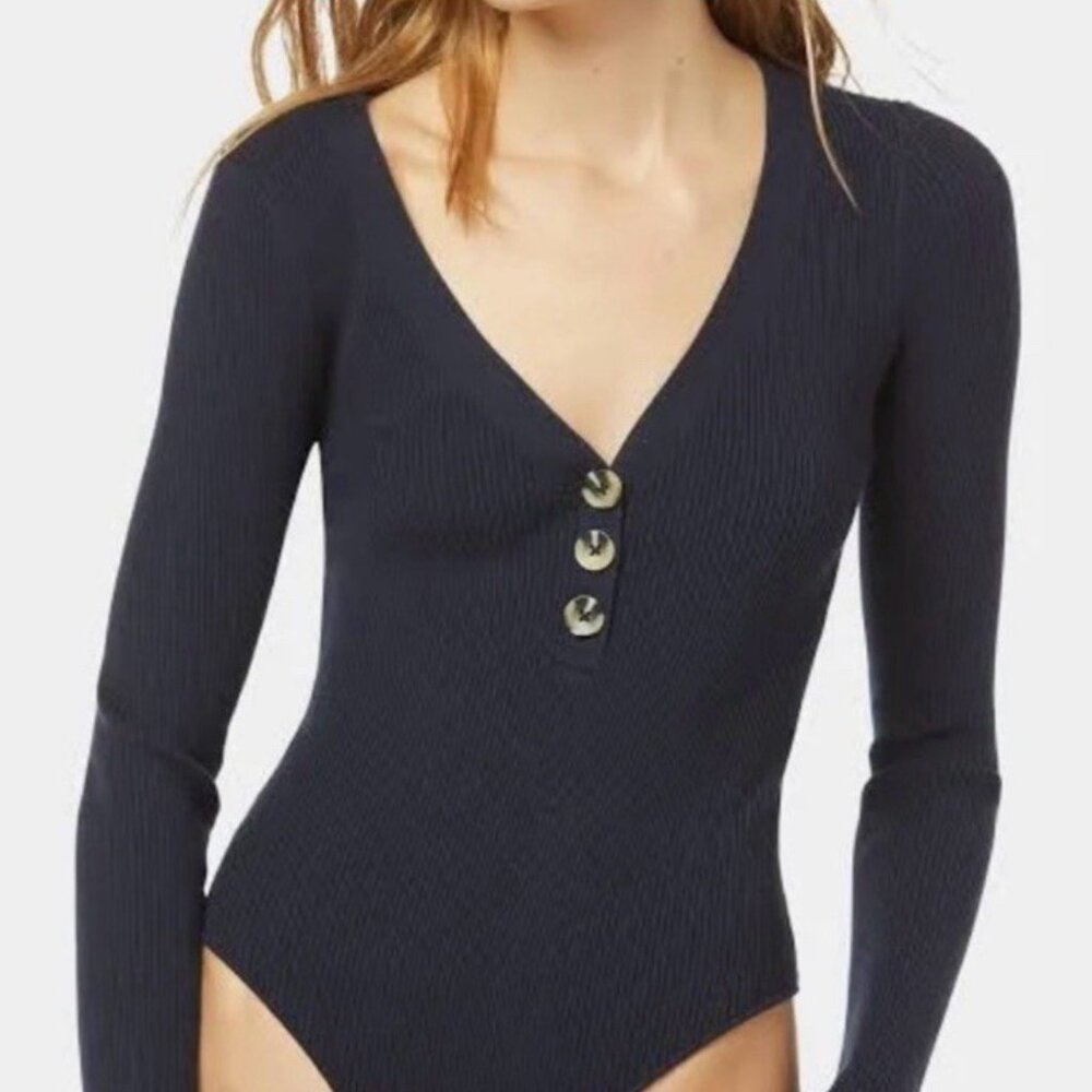 Favorite Daughter The Sweet Baby Knit Ribbed Bodysuit in Navy - Size Medium